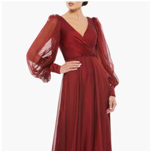 Mac Duggal Red Wine Split Long Sleeve Satin A-Line Gown